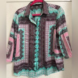 Zara Teal and Pink Patterned Button-Down Shirt